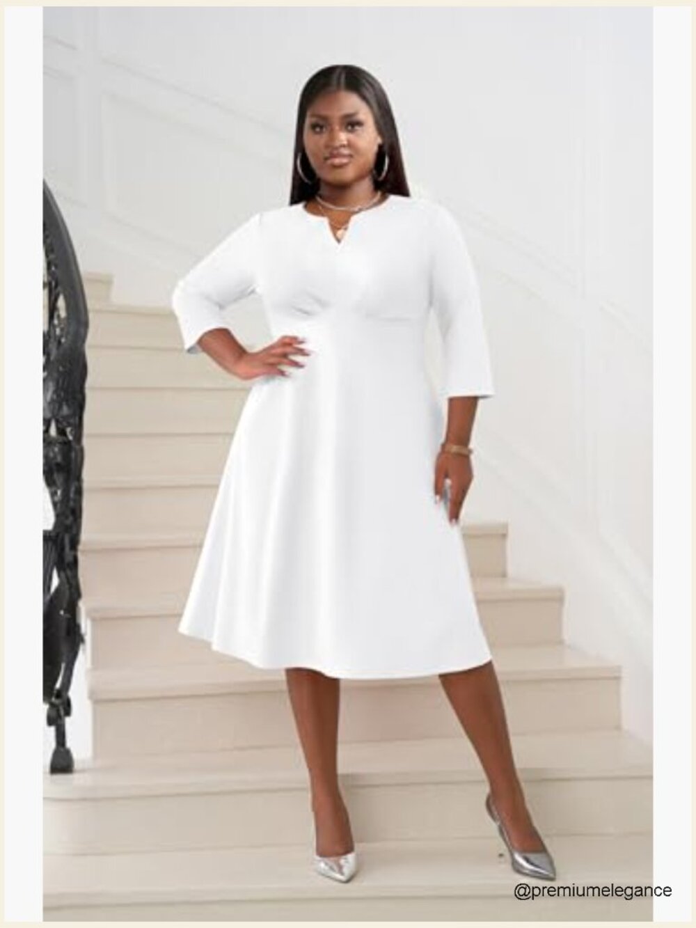 Plus Size Stretchy Flared Wrap Midi Dress V Neck 3/4 Sleeve A-Line Swing - Picture 2 of 7